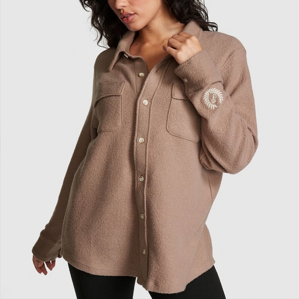 Victoria's Secret PINK Plus-size Fleece Tan Brown Shirt Jacket Shacket NWT, XXL